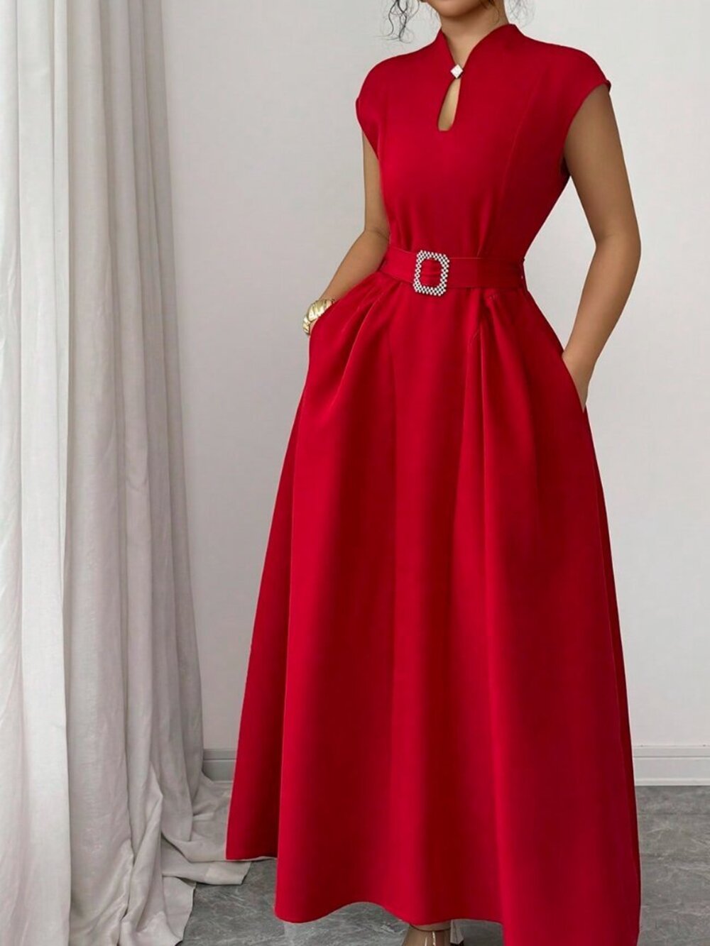 Red Elegant Women's Party Midi Dress with Waist Tie Belt, Flared Hem - Picture 6 of 6